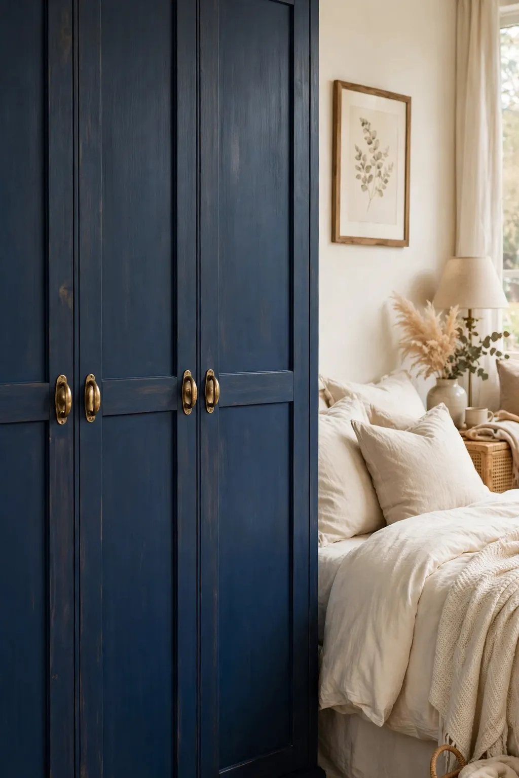 Wooden wardrobe painted deep navy with brass handles in a bedroom