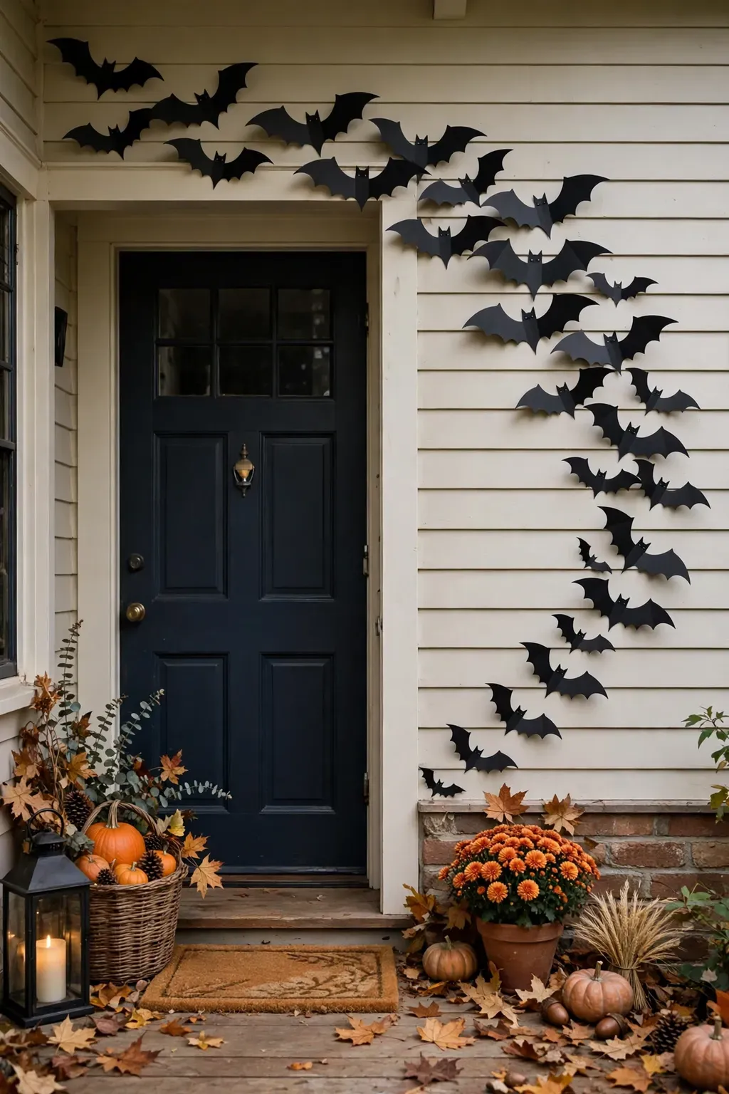 Black paper bats stuck in a swooping line across a front door and porch wall