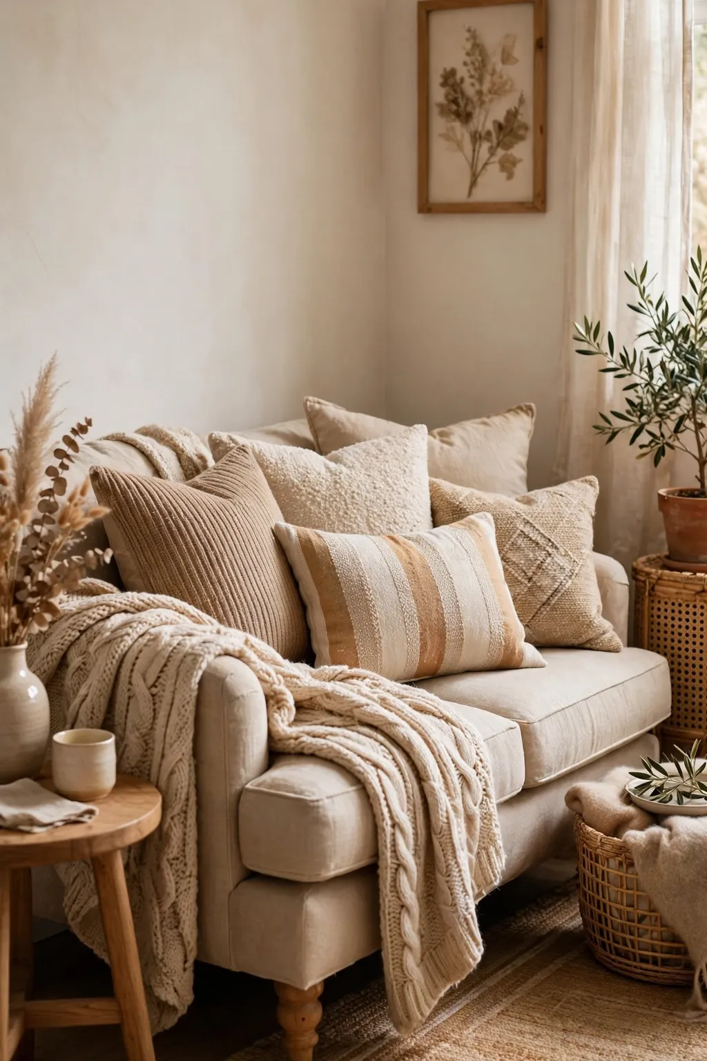 Small sofa layered with throw pillows and a chunky knit throw