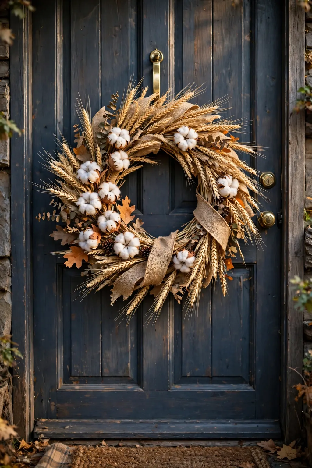 Wheat and burlap farmhouse wreath with cotton bolls on a front door