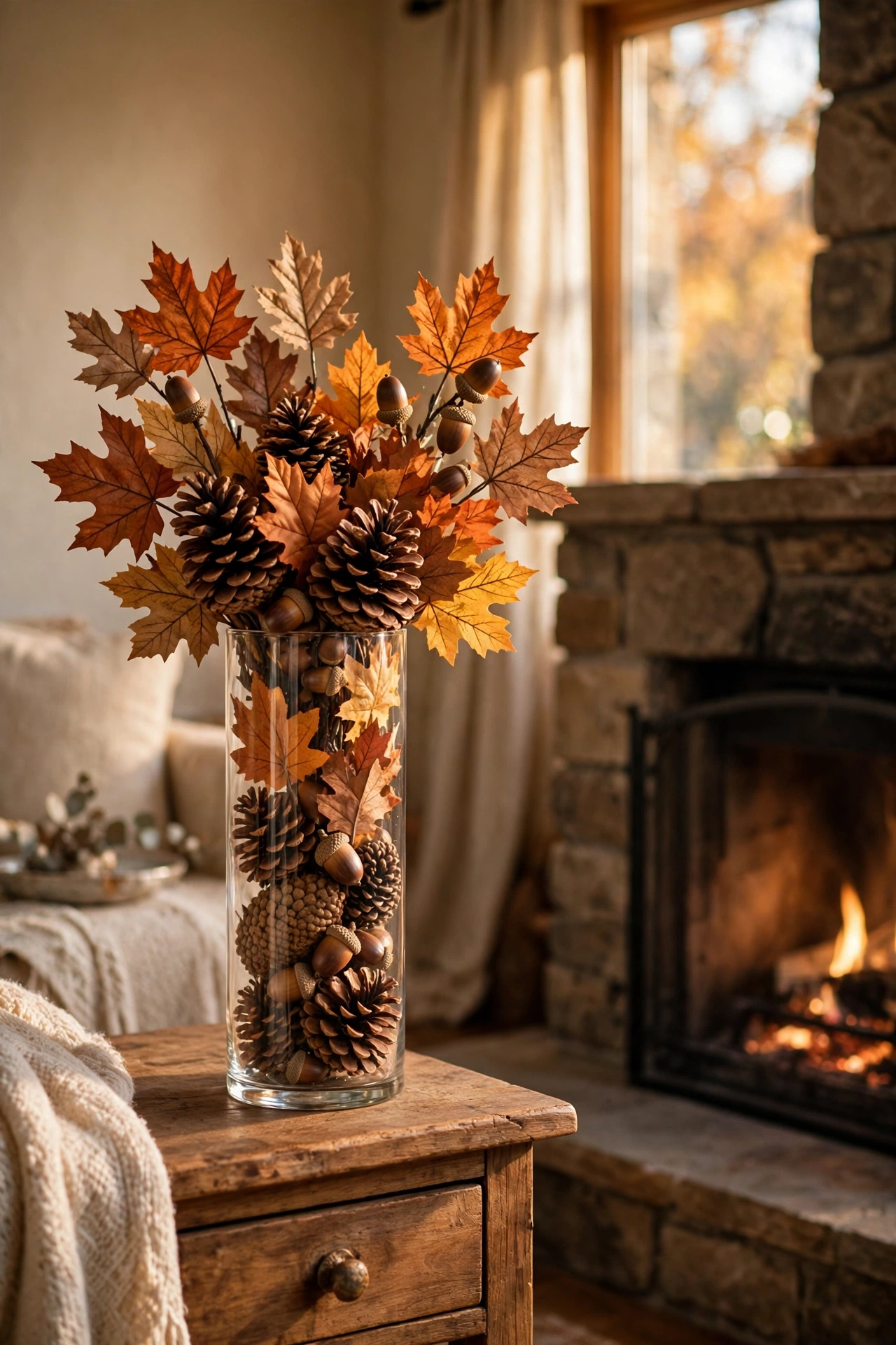 Tall glass vase filled with pinecones, acorns and faux fall leaves