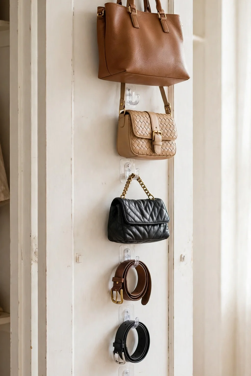 Inside of a closet door with adhesive hooks holding bags and belts