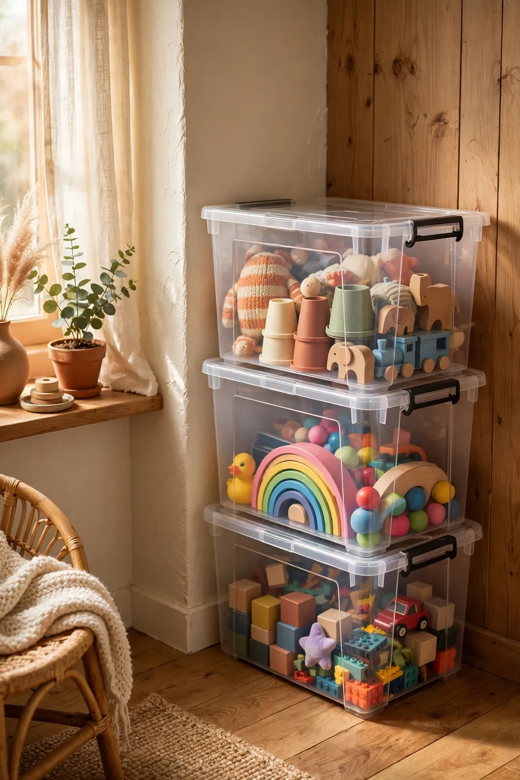 Stack of clear bins with visible toys in a corner nook of a small living room