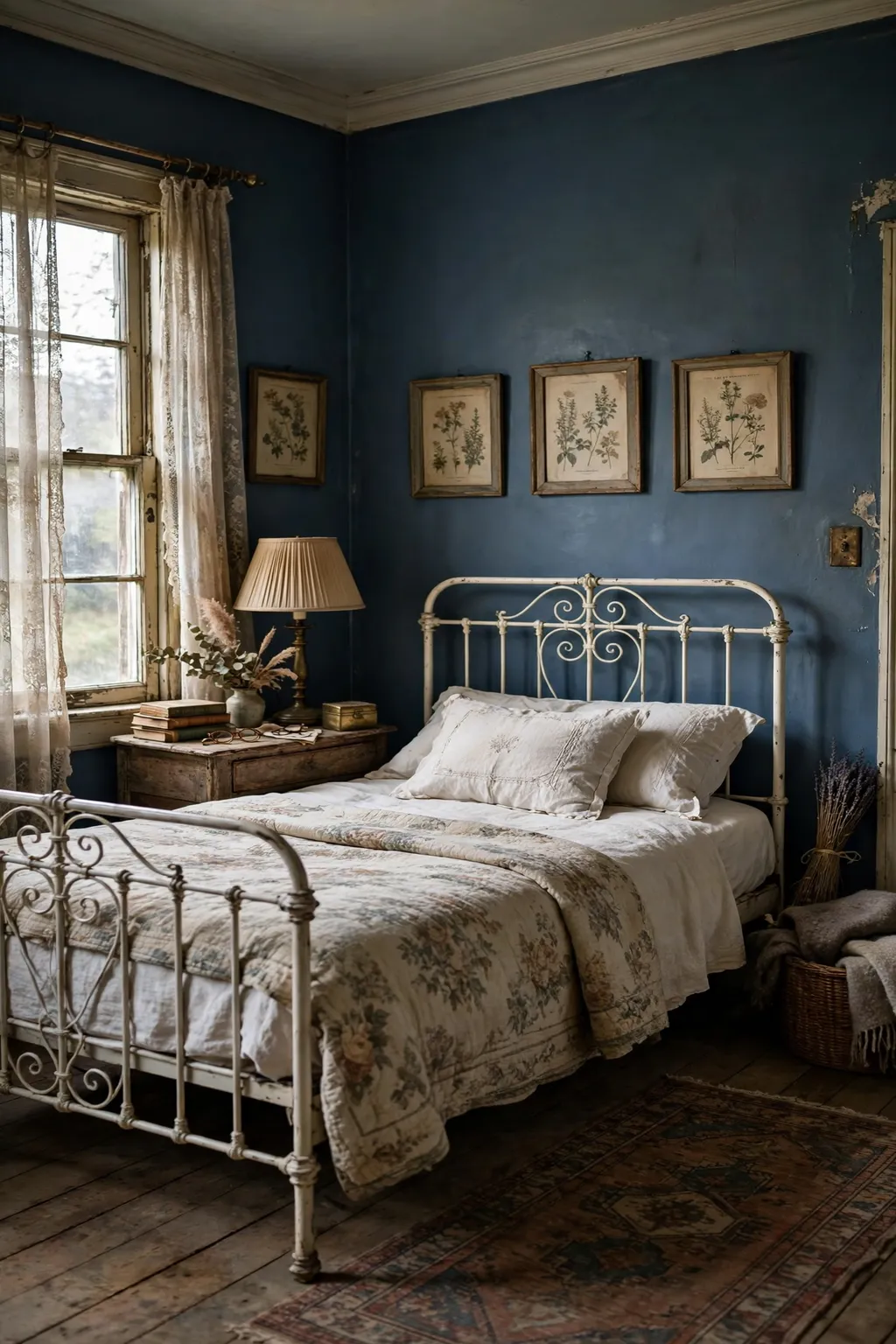 Vintage bedroom with dusty navy blue walls and white iron bed