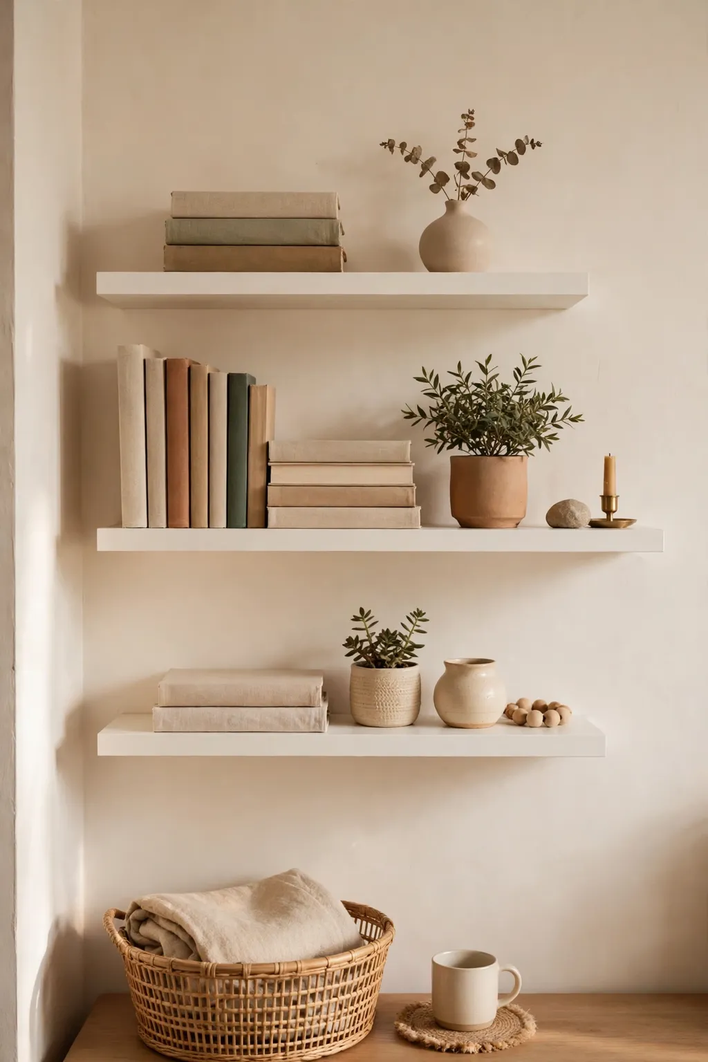 White floating shelves with books and a plant in a small living room