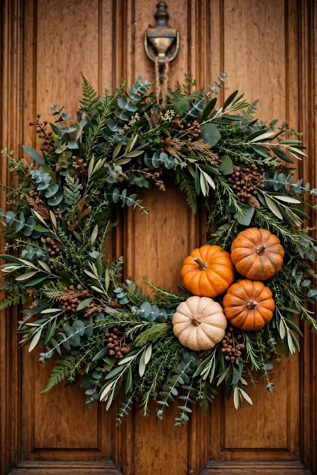 Mini pumpkin and greenery wreath with pumpkins grouped to one side