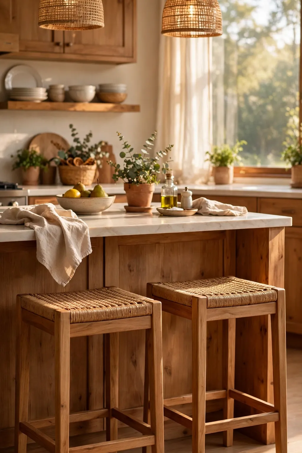 Wooden bar stools with woven seats at a cozy kitchen island