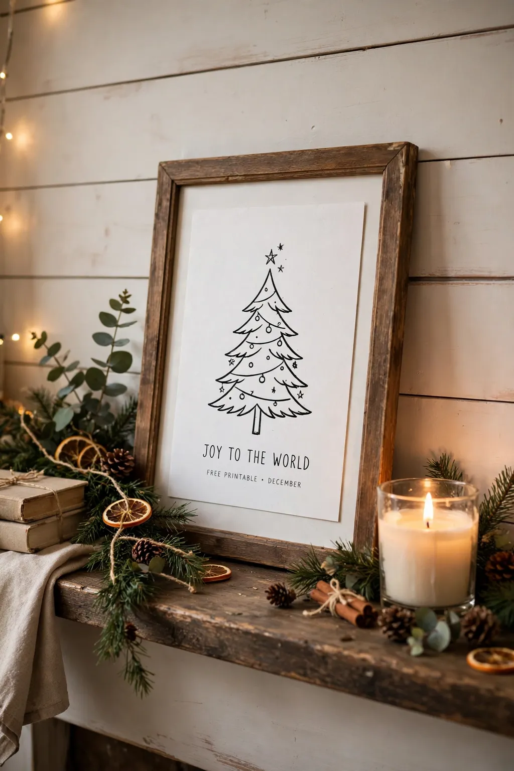 Free printable Christmas art in a thrifted frame on a mantel