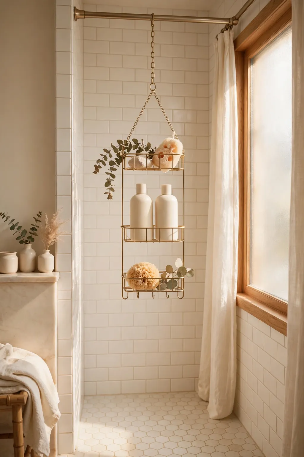 Hanging shower caddy holding shampoo and conditioner bottles in a tidy shower