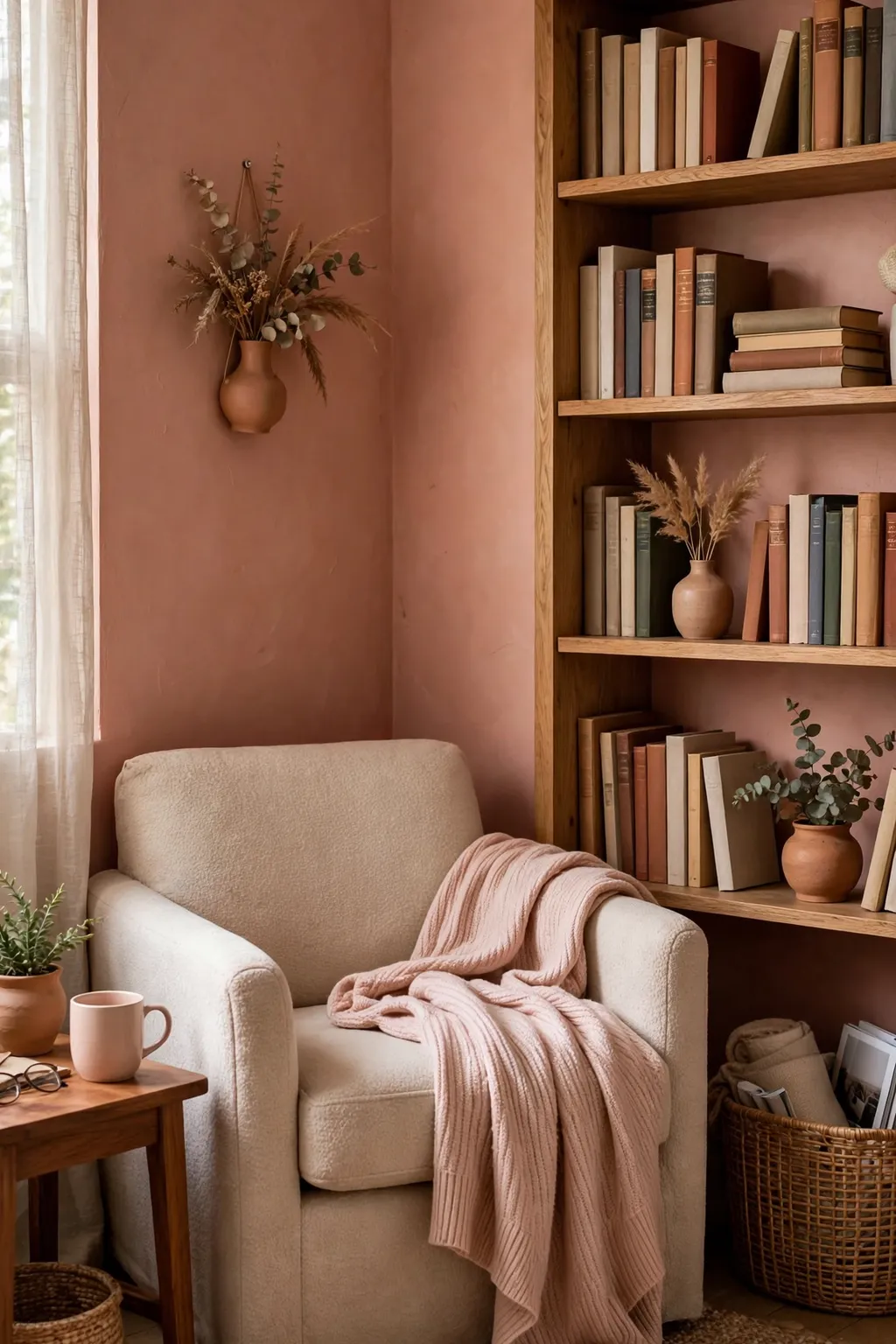 Reading nook painted terracotta blush with an armchair, throw, and bookshelf