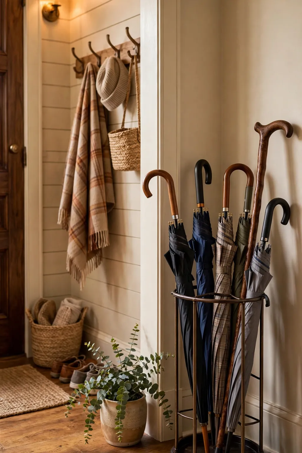 Tall umbrella stand in an entryway corner holding umbrellas and a walking stick