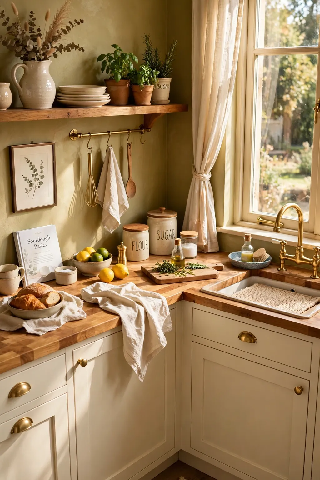 Sunny kitchen with warm golden sage green walls and cream cabinets