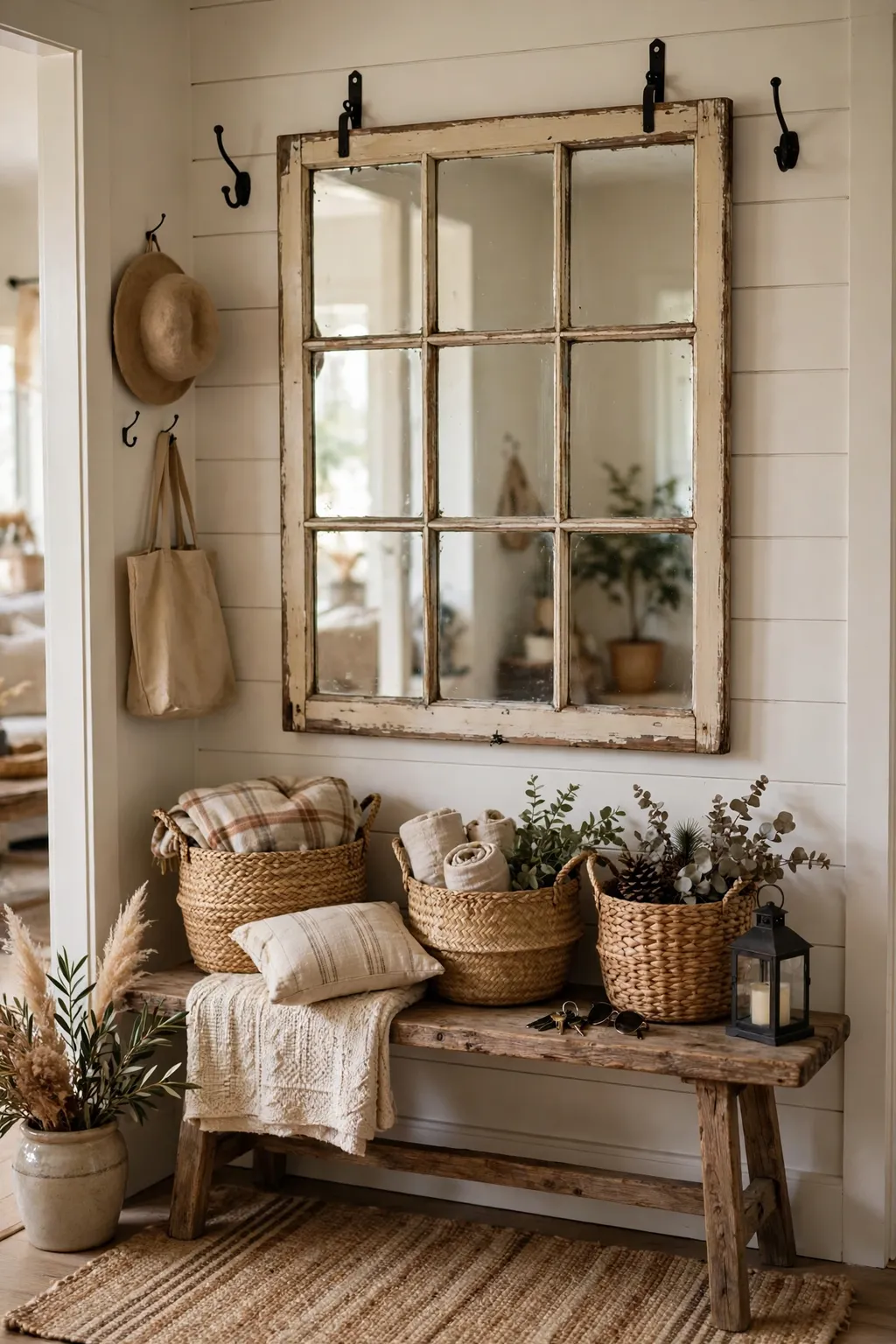 Thrifted mirror made from an old window frame in a farmhouse entryway