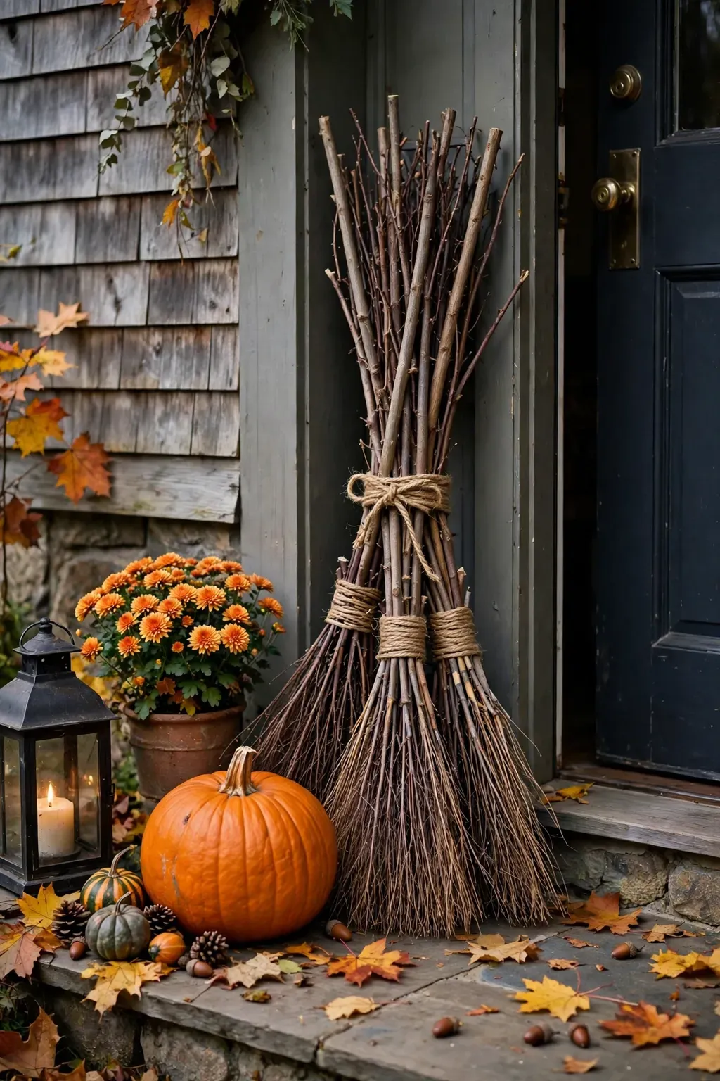 Bundle of twig witch brooms tied with twine leaning by a front door beside a pumpkin