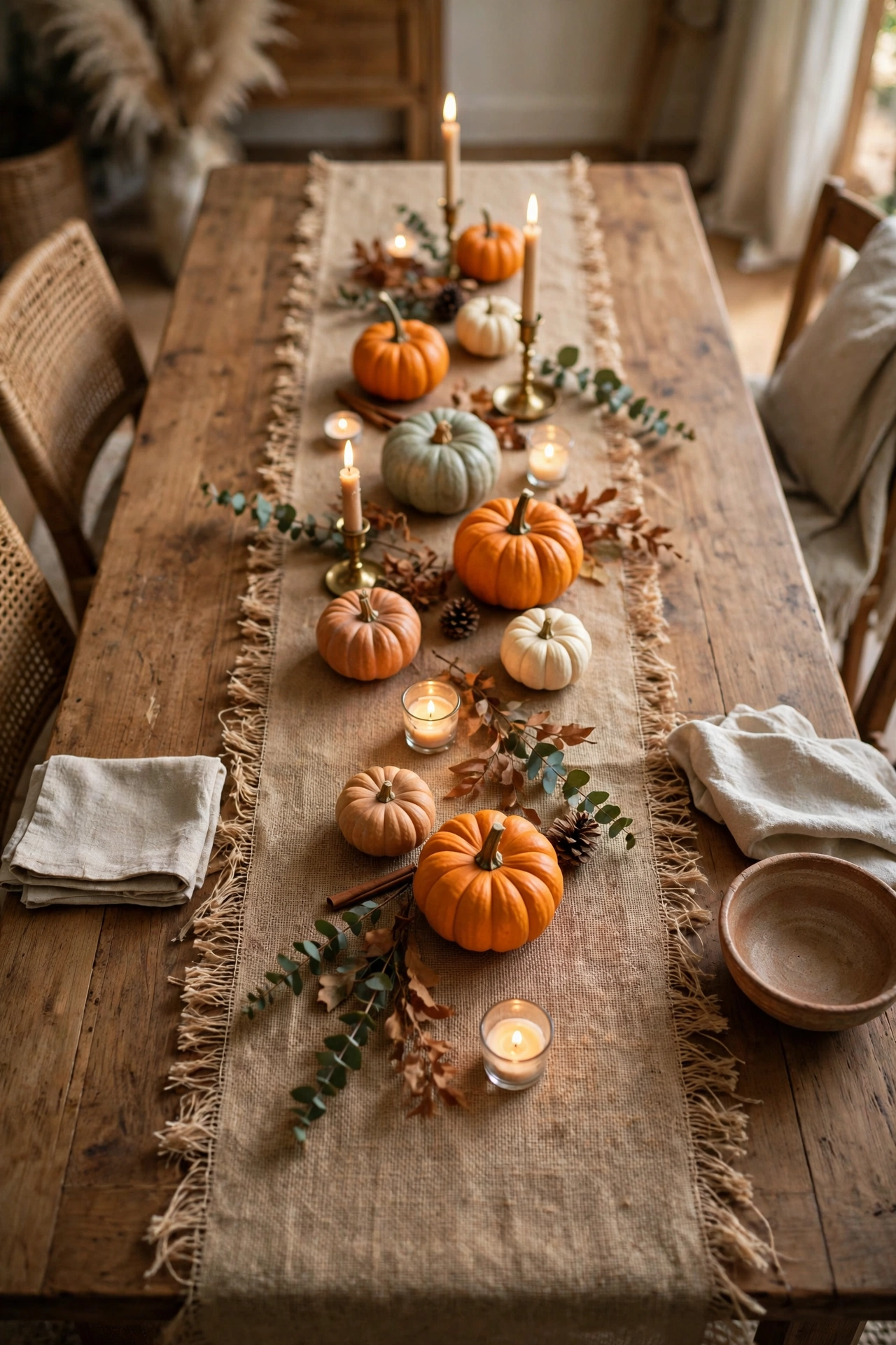 Burlap table runner with small pumpkins and candles down the centre of a table