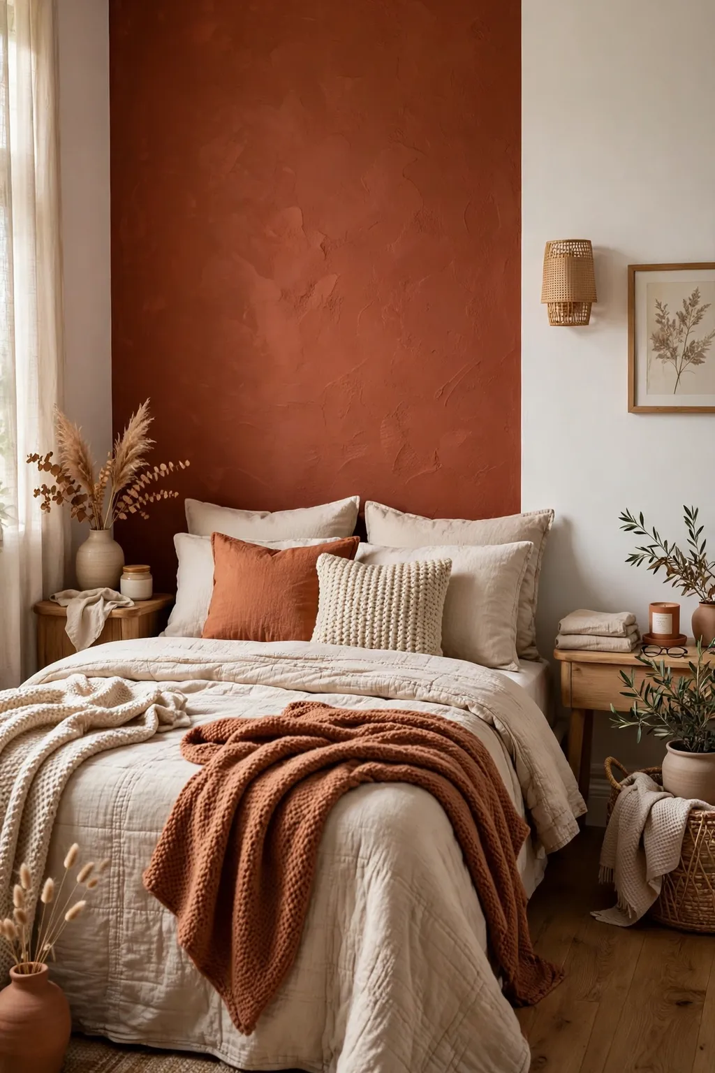 Bedroom with a canyon clay terracotta accent wall behind the bed and warm white walls
