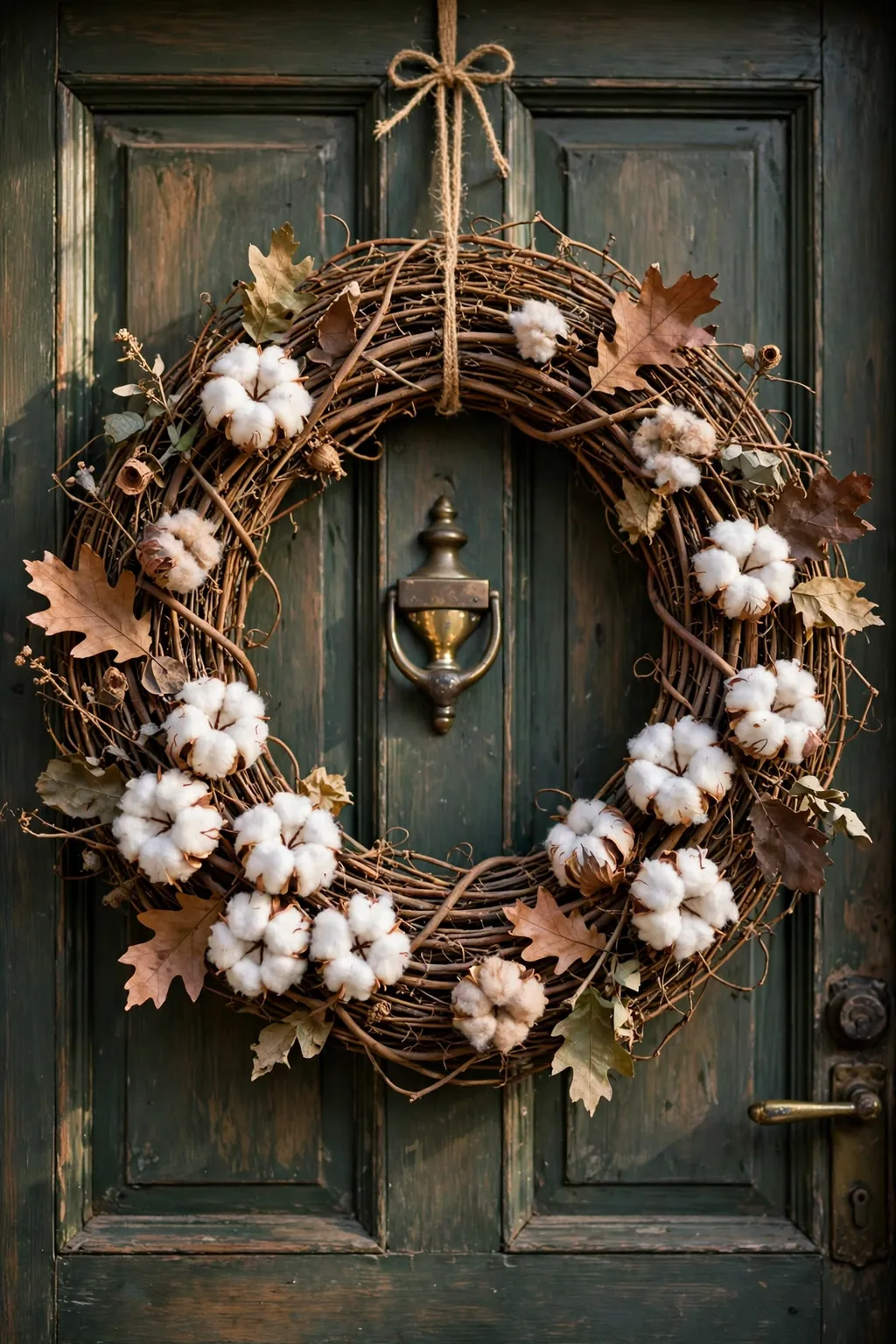 Rustic grapevine wreath with cotton bolls and dried leaves on a front door