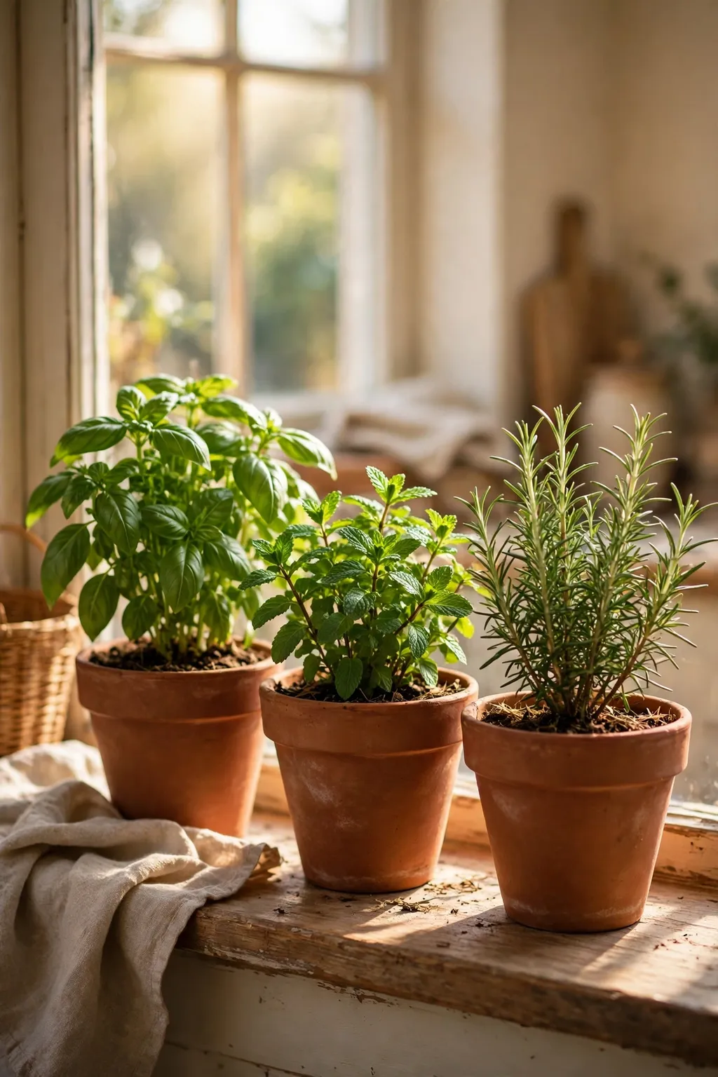 Potted fresh herbs in terracotta pots on a sunny cozy kitchen windowsill