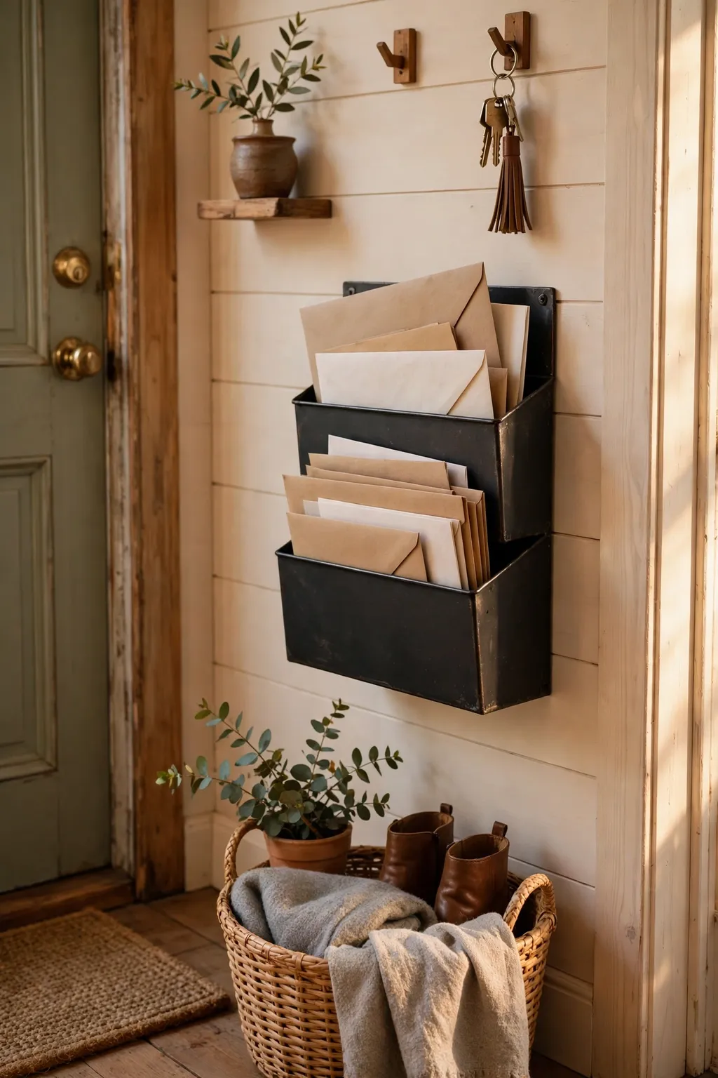 Wall-mounted mail holder by the front door holding letters and envelopes