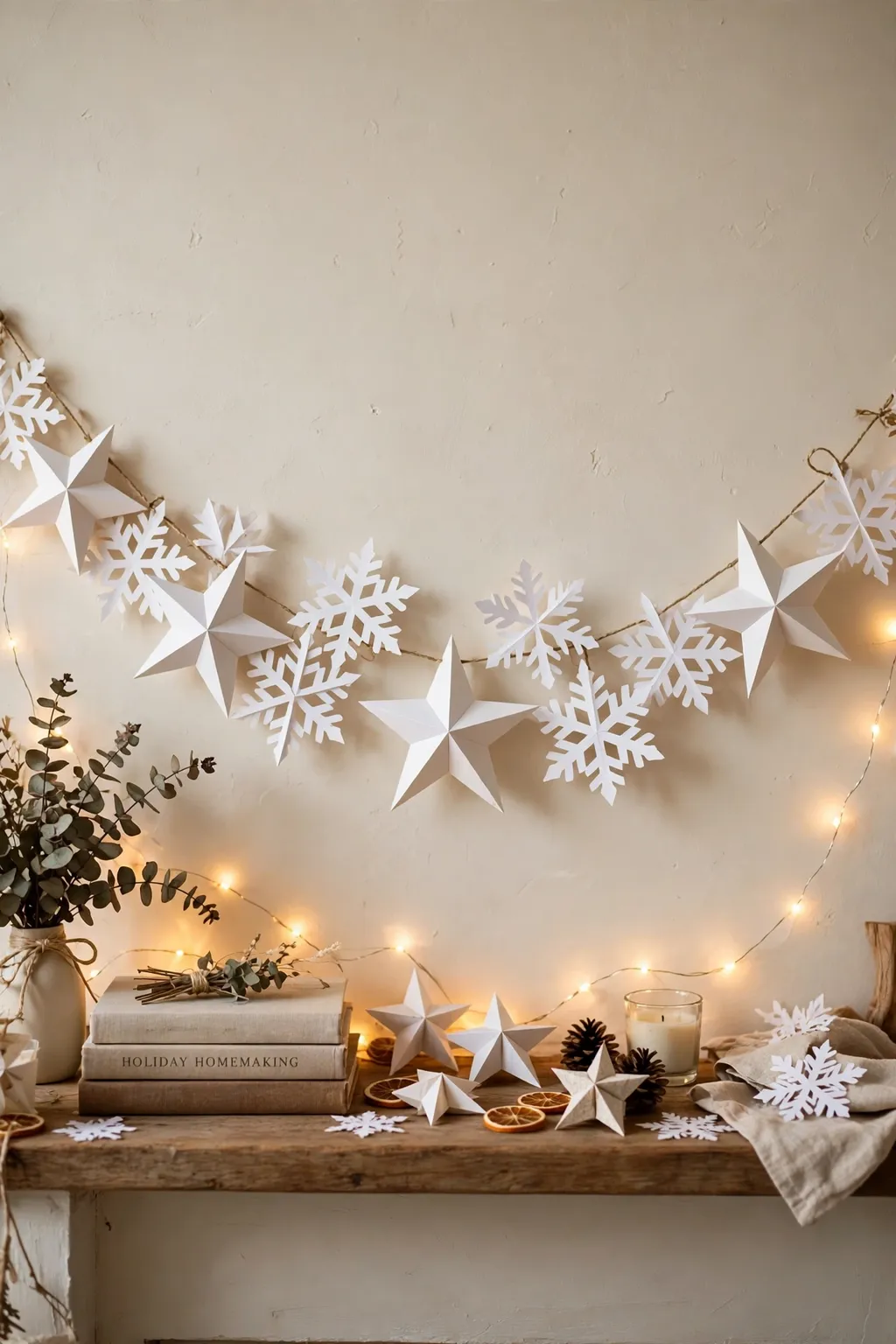 White paper star and snowflake garland on a Christmas mantel