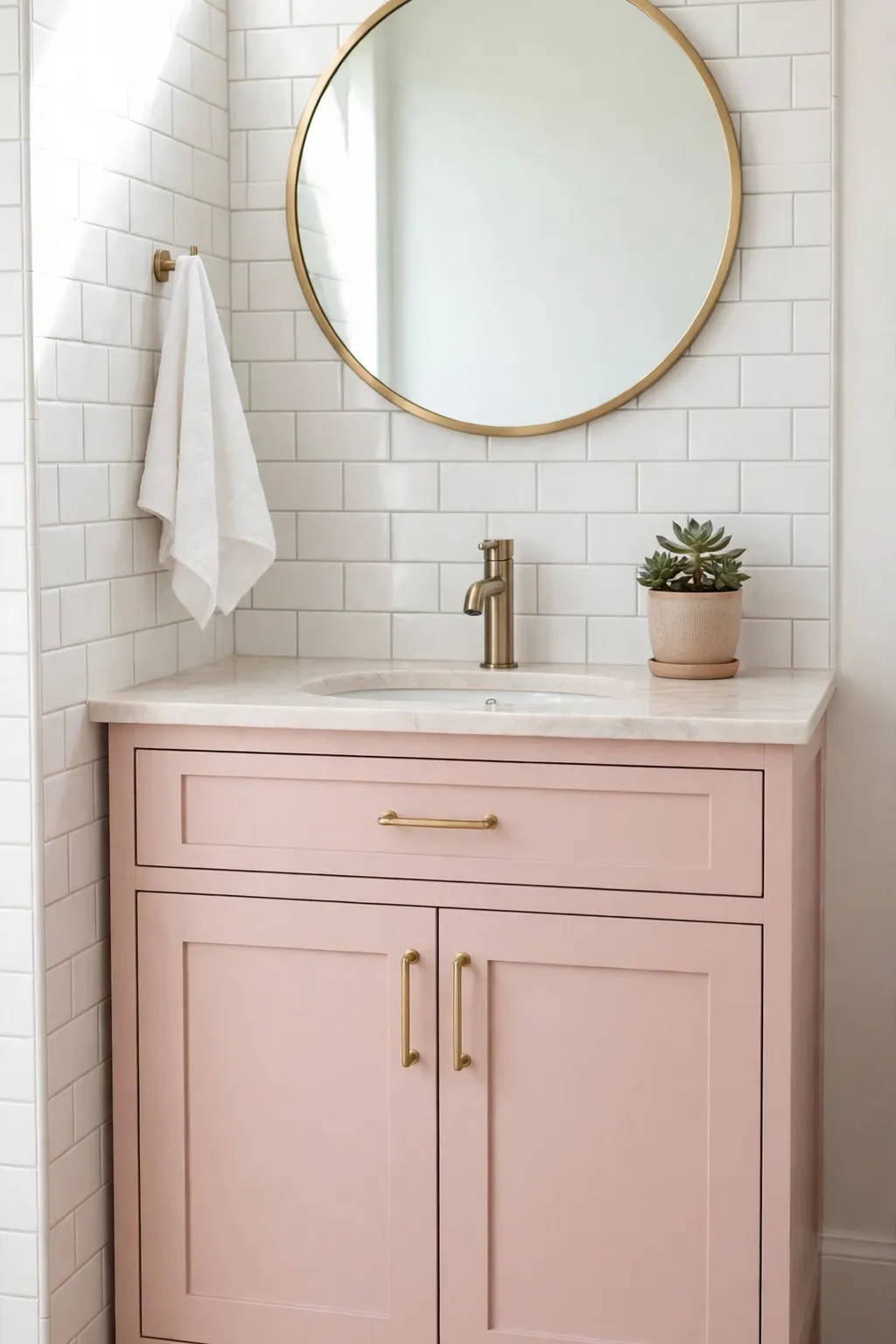 Bathroom vanity painted soft blush pink with a round mirror above it