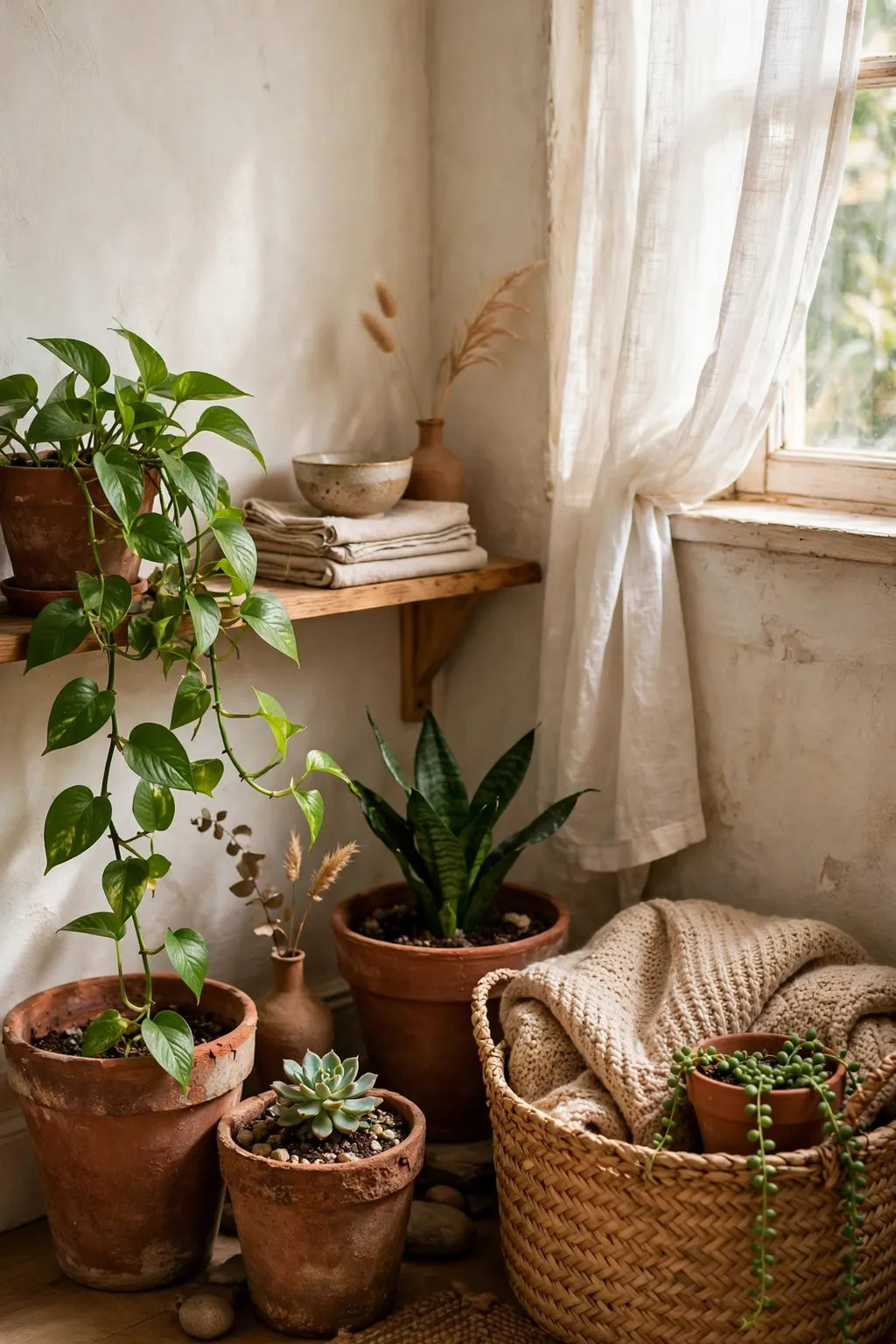 Indoor plants in thrifted pots and a woven basket in a small living room