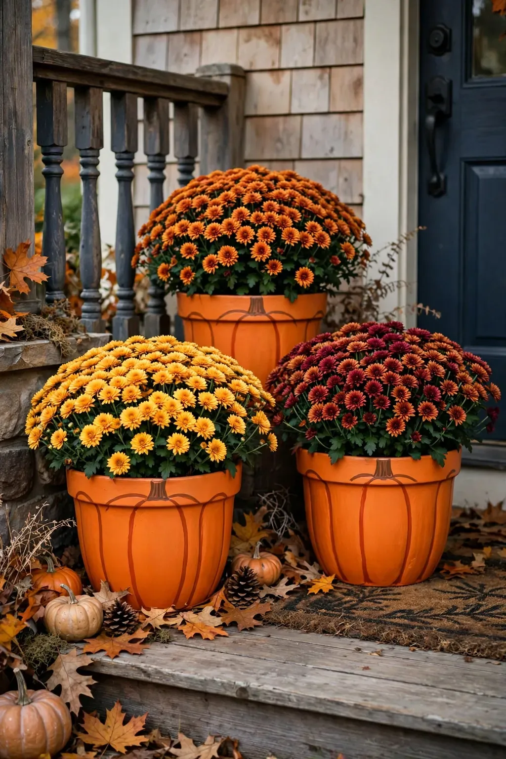 Terracotta pots painted orange like pumpkins filled with mums on a porch