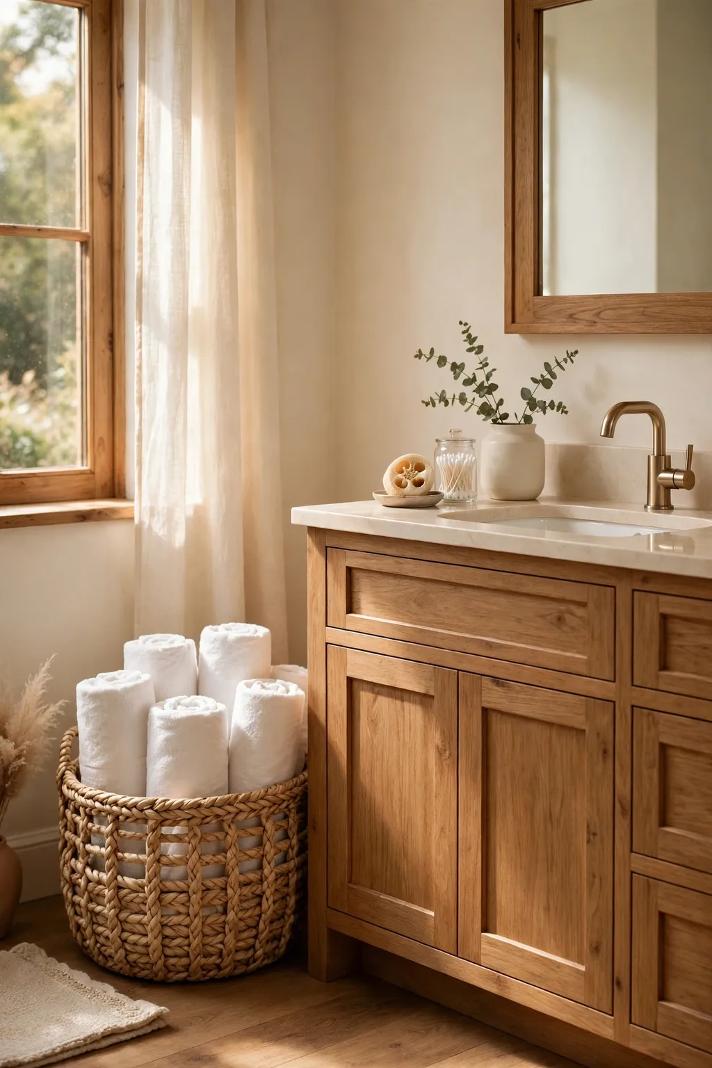 Rolled white towels standing upright in a large woven basket beside a bathroom vanity