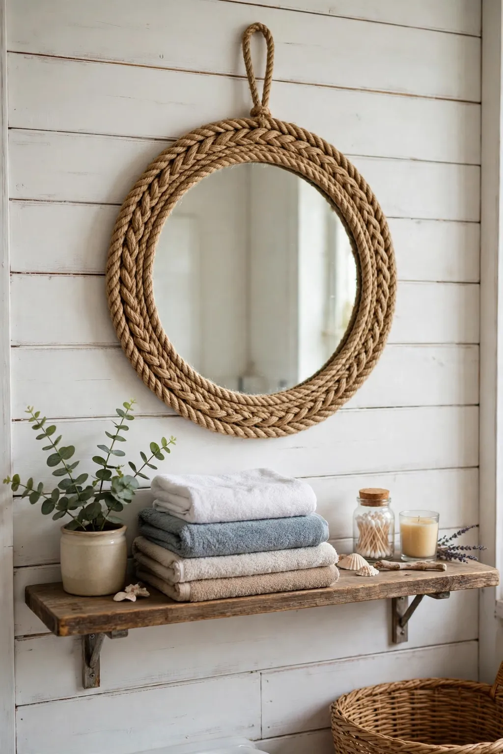Round thrifted mirror wrapped in natural jute rope on a coastal bathroom wall