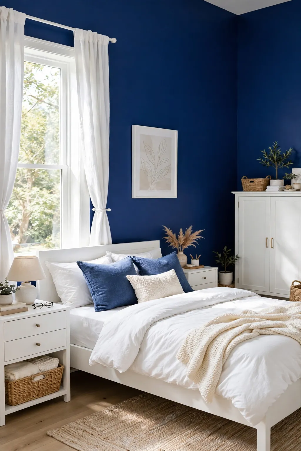 Bright bedroom with royal navy blue walls and white furniture