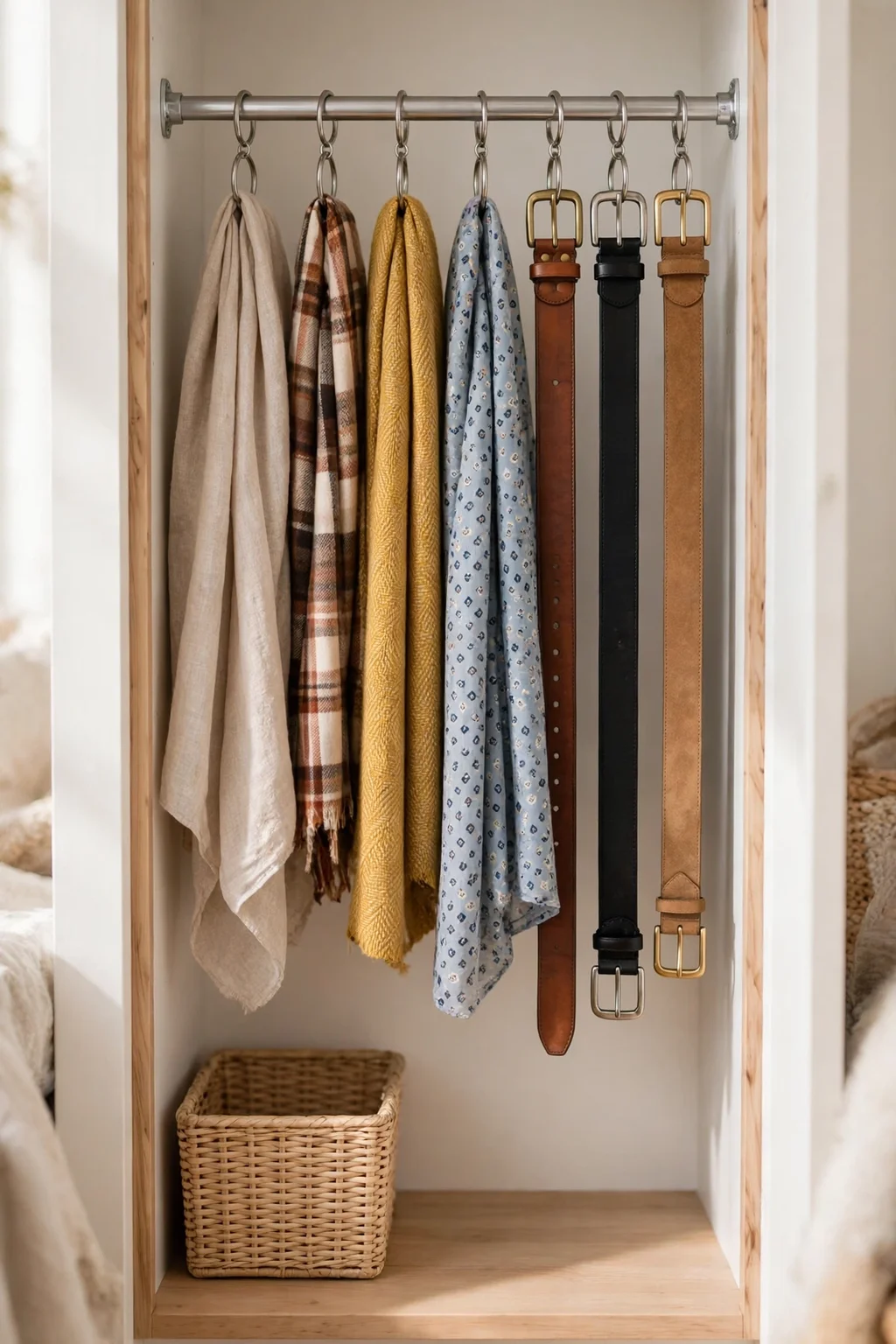 Tension rod in a small closet holding scarves and belts on rings