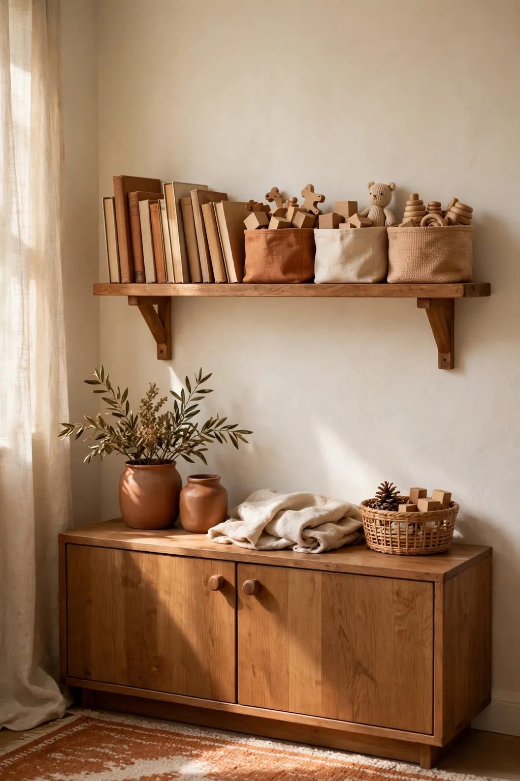 Wall-mounted wooden shelves with small toy bins and books above a low cabinet in a small living room