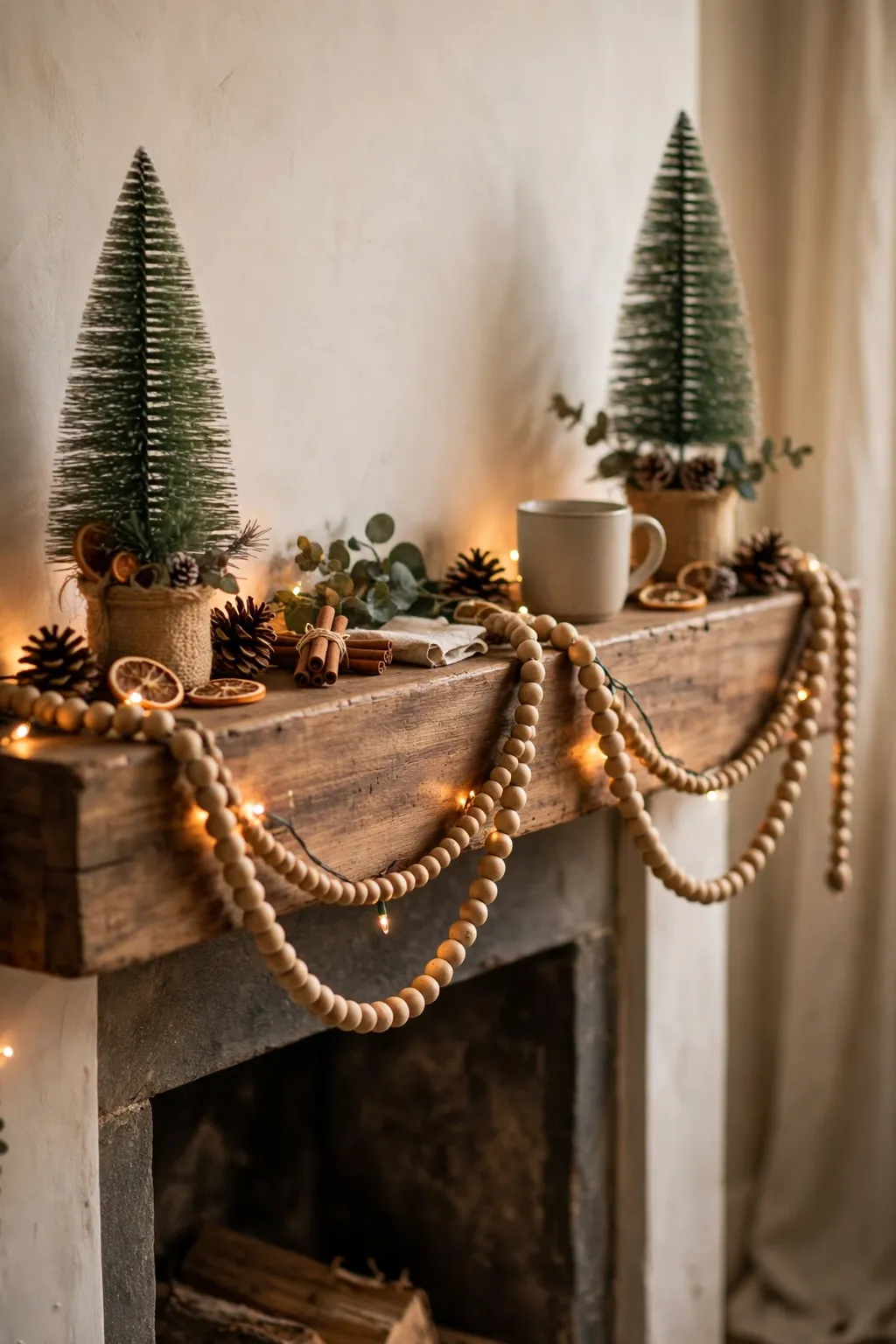 Wooden bead garland and mini bottle-brush trees on a Christmas mantel