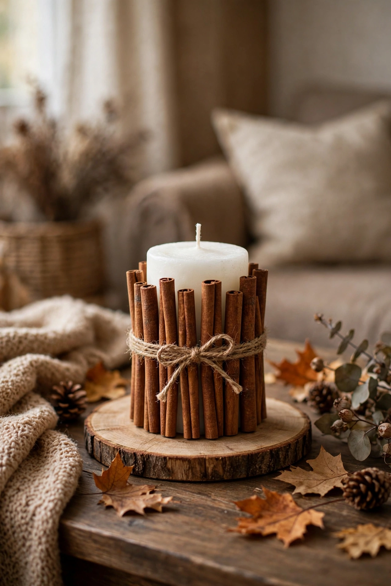 Pillar candle wrapped with cinnamon sticks and twine on a wooden slice