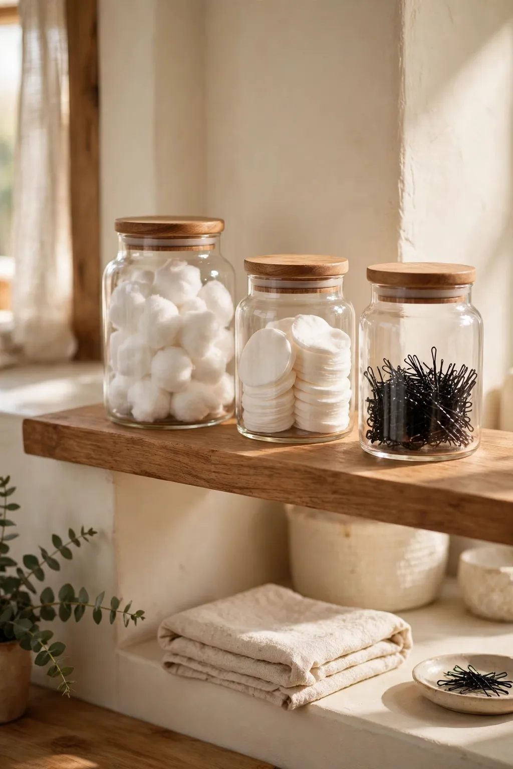Clear glass jars with lids on a bathroom shelf holding cotton balls, cotton pads and hair grips