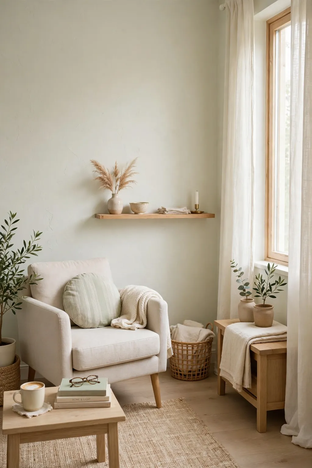 Small bright room with creamy sage-white walls and light furniture