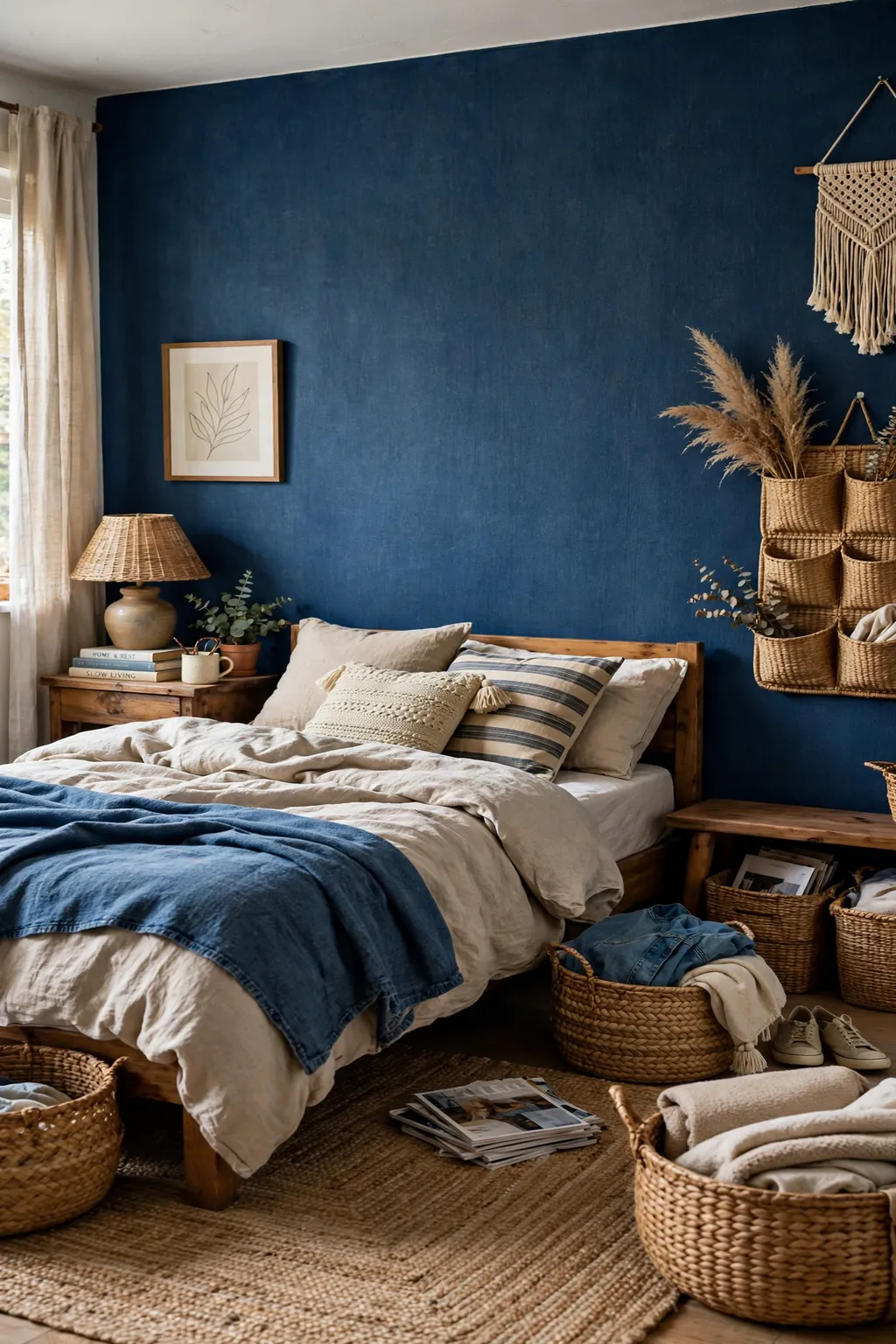 Casual bedroom with denim navy blue walls and woven baskets