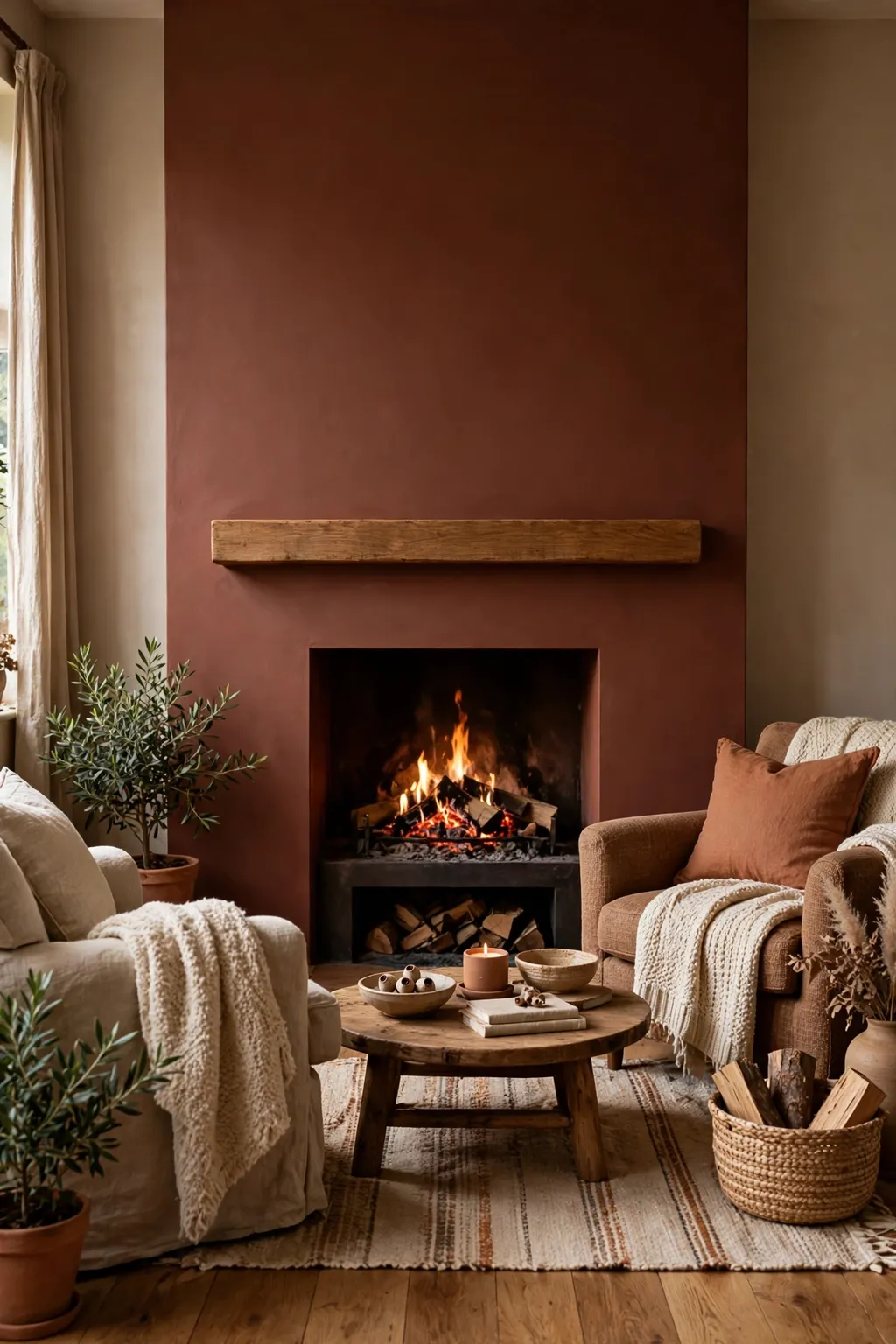 Living room with a fired earth terracotta fireplace wall and cozy seating