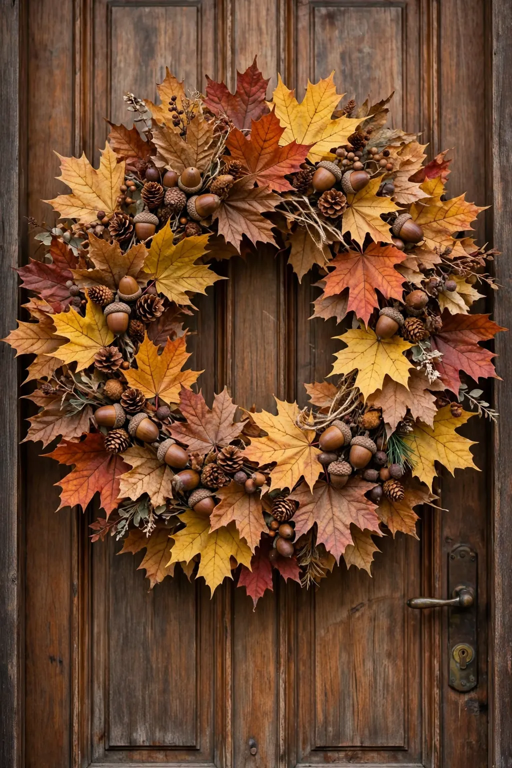 Maple and acorn wreath with pinecones on a front door