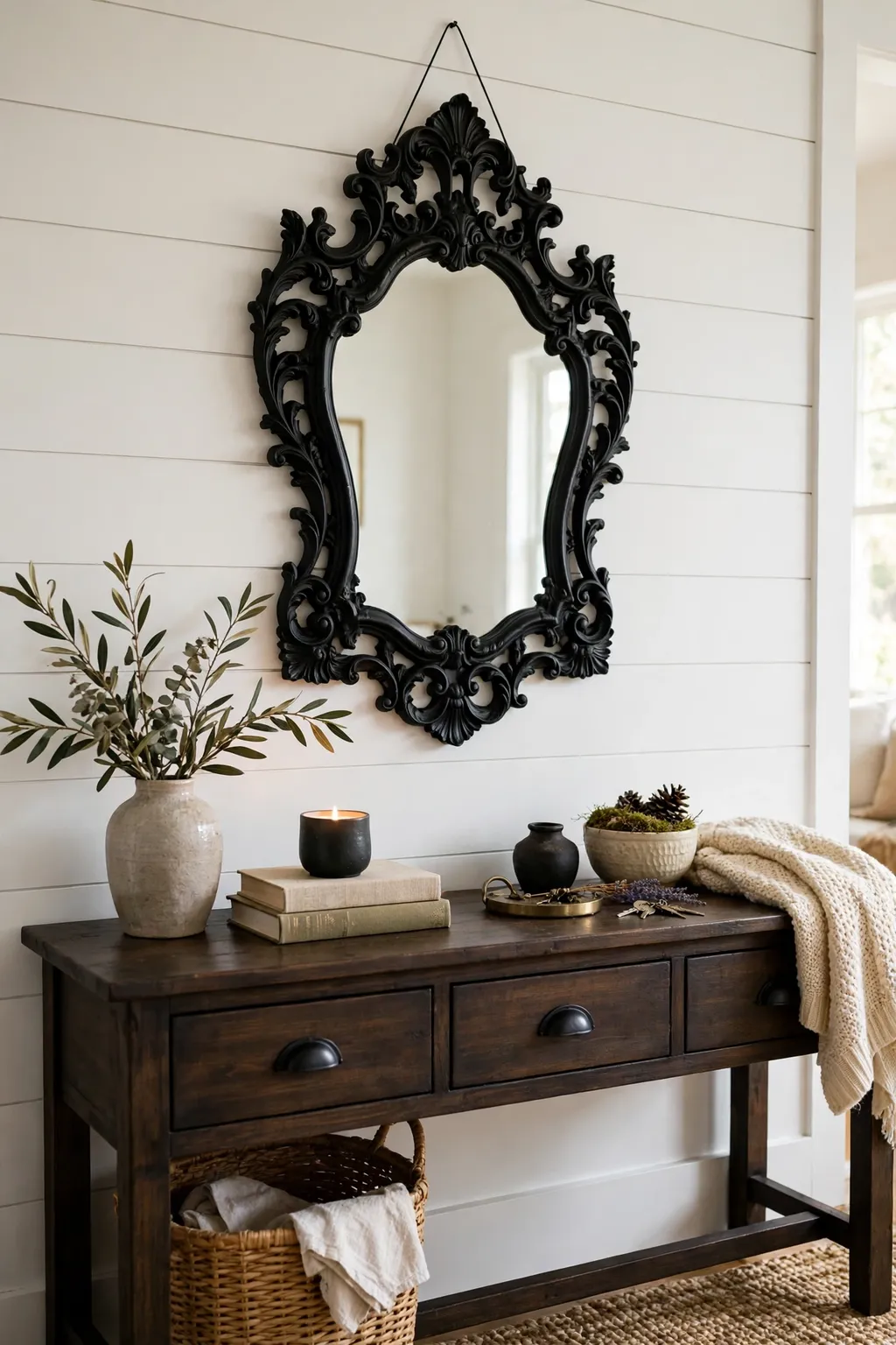 Thrifted ornate mirror spray-painted matte black on a modern farmhouse wall