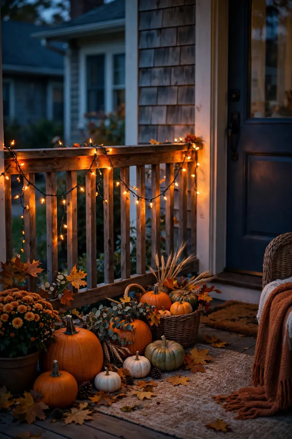 Orange fairy lights strung along a front porch railing at dusk