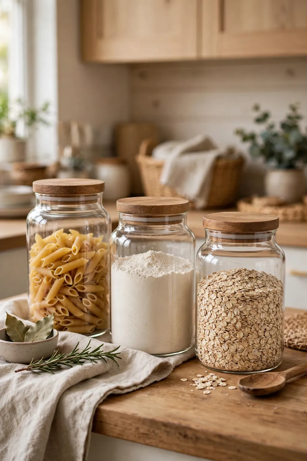 Glass storage jars with wooden lids on a tidy cozy kitchen countertop