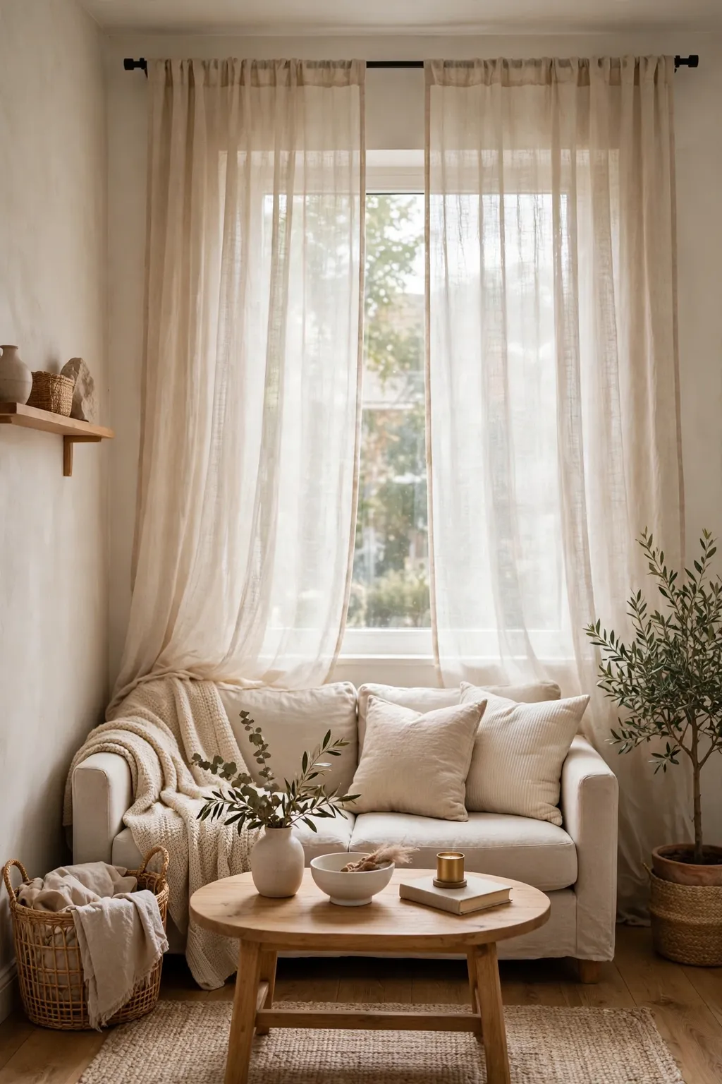 Sheer linen-look curtains hung high and wide over a small living room window