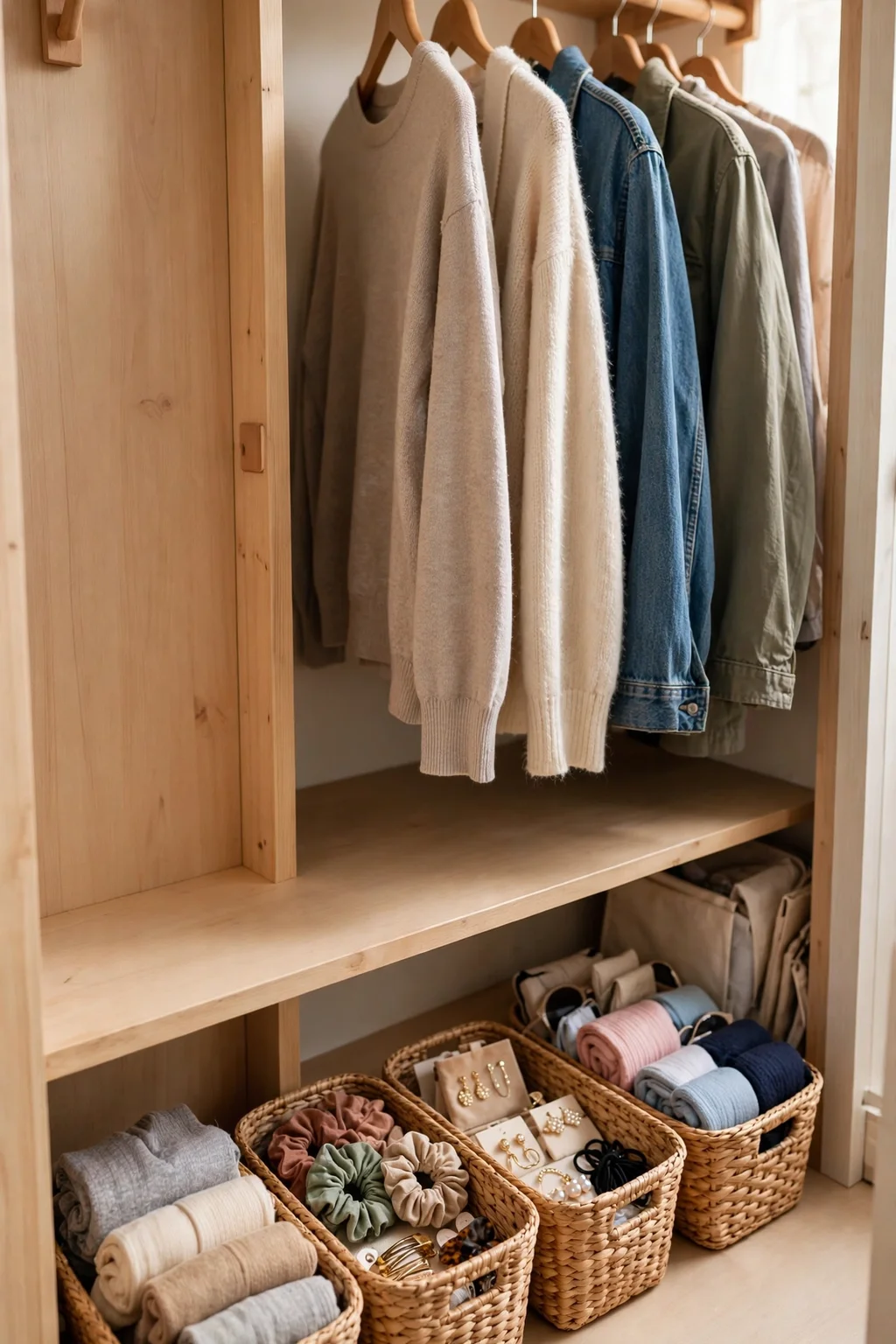 Small baskets on a closet floor holding socks and small accessories