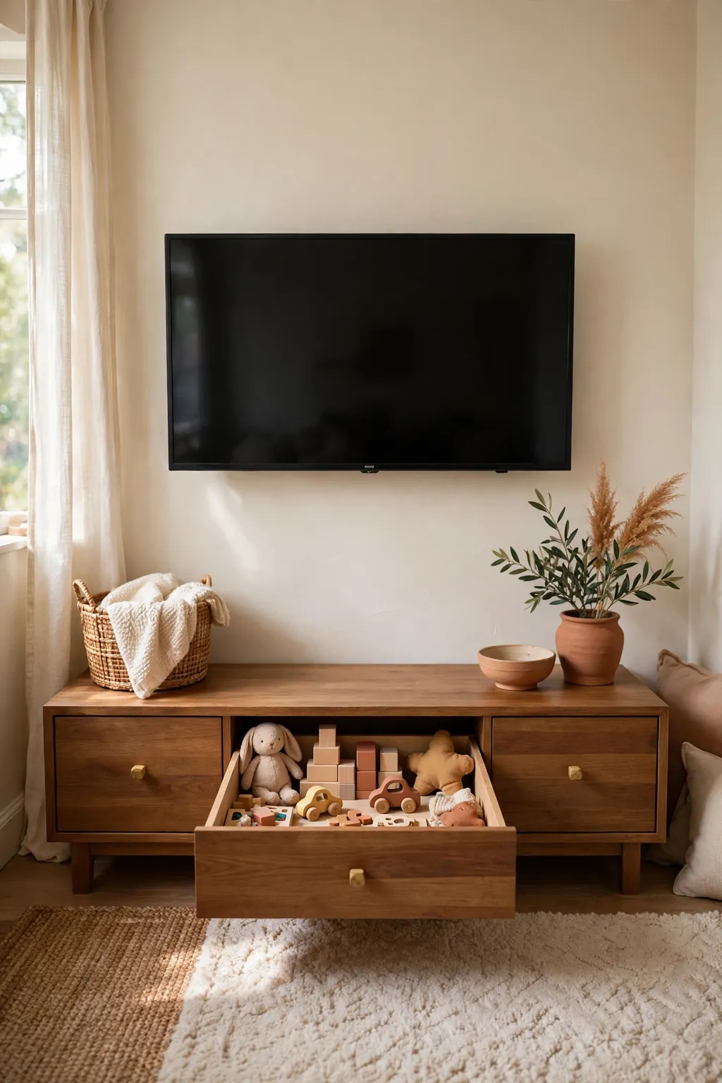 Low TV console with a drawer open showing neatly stored toys in a cozy small living room