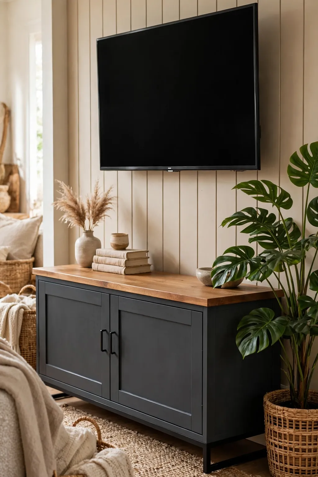 TV console painted charcoal with a natural wood top in a cozy living room