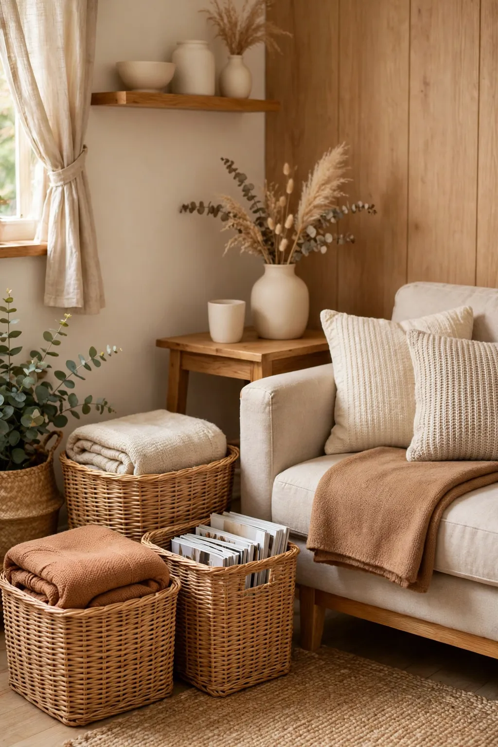 Woven storage baskets beside a sofa in a tidy small living room