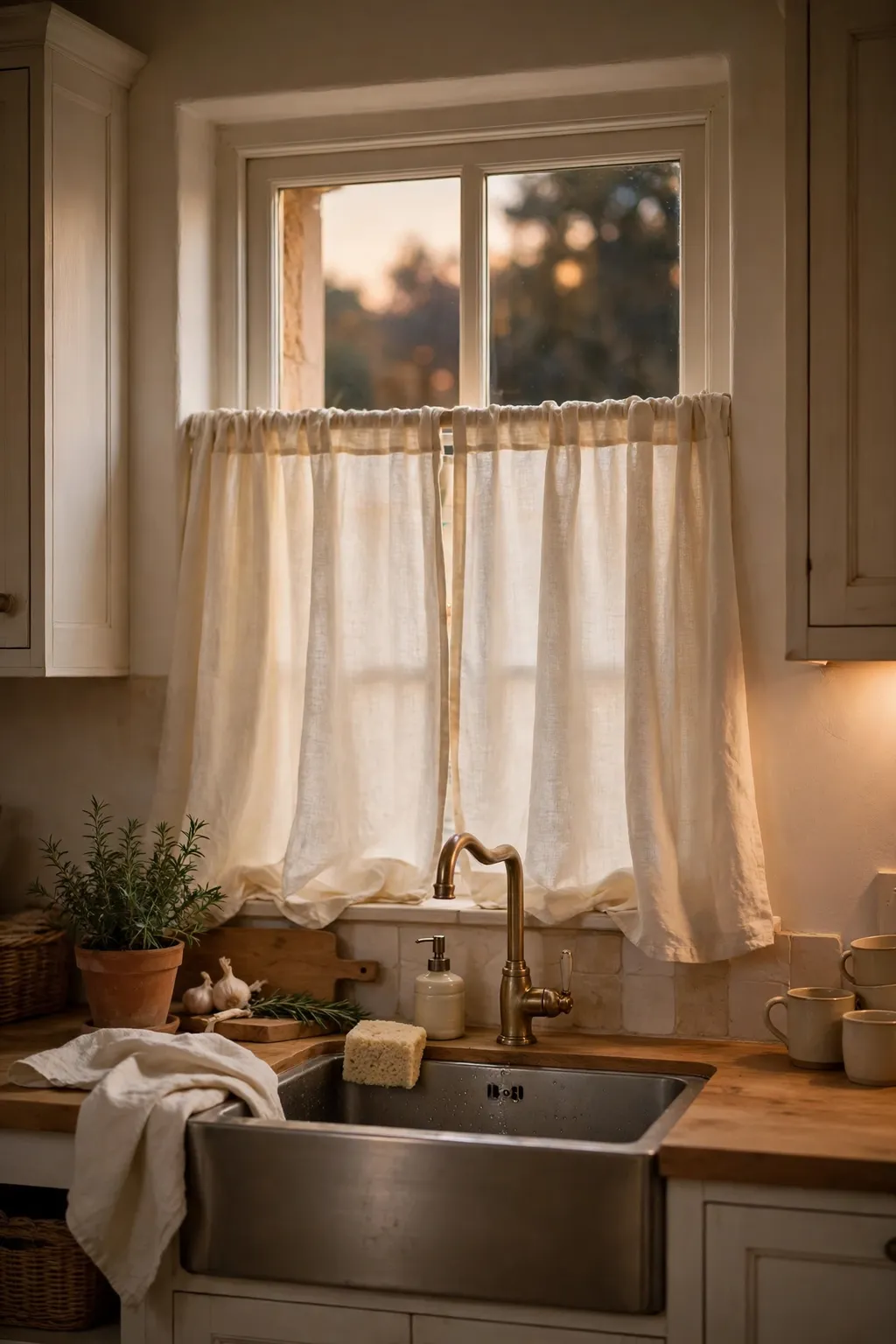 Linen cafe curtains in soft cream on a cozy kitchen window above a sink