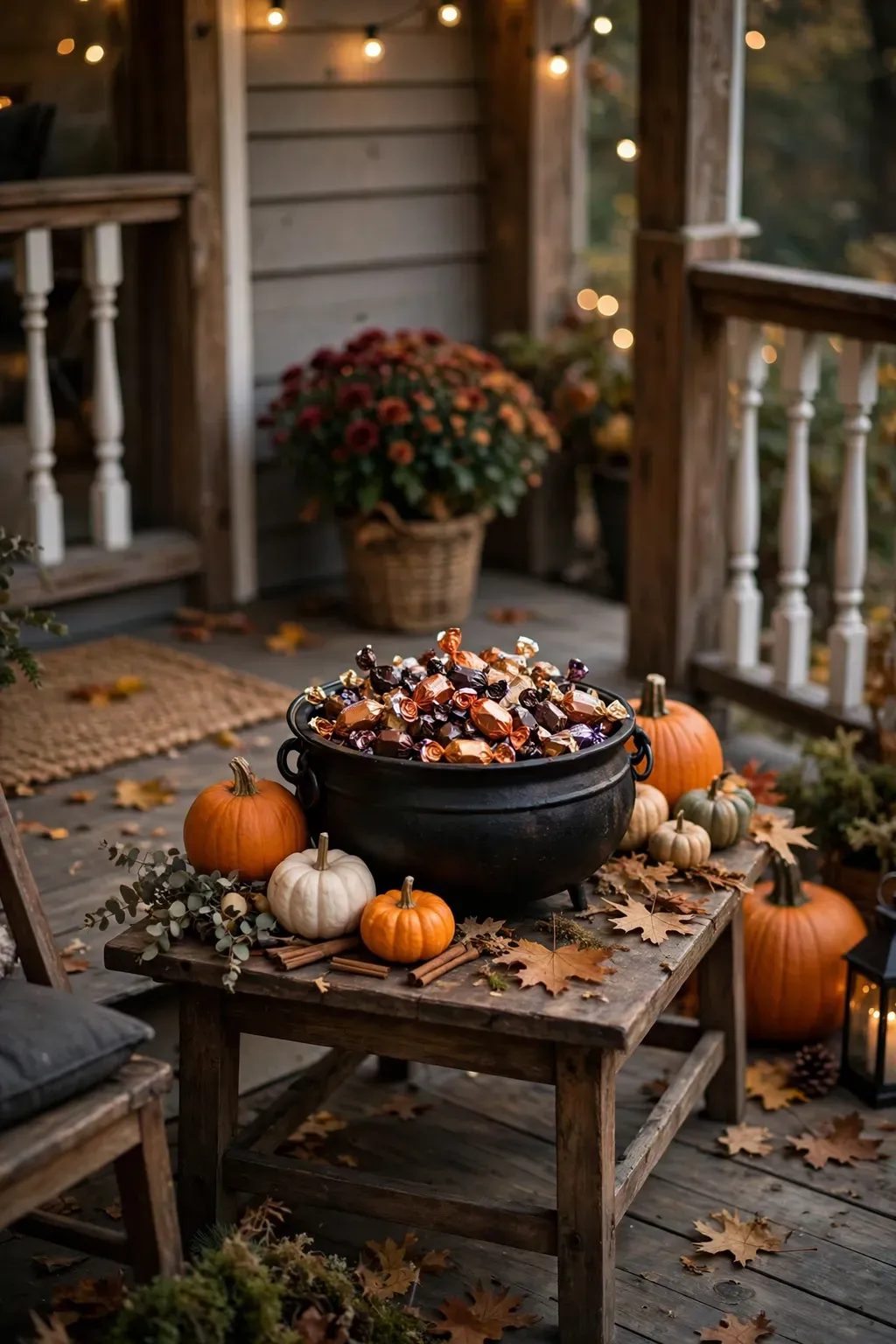 Trick-or-treat candy station with a cauldron bowl of wrapped candy on a porch table