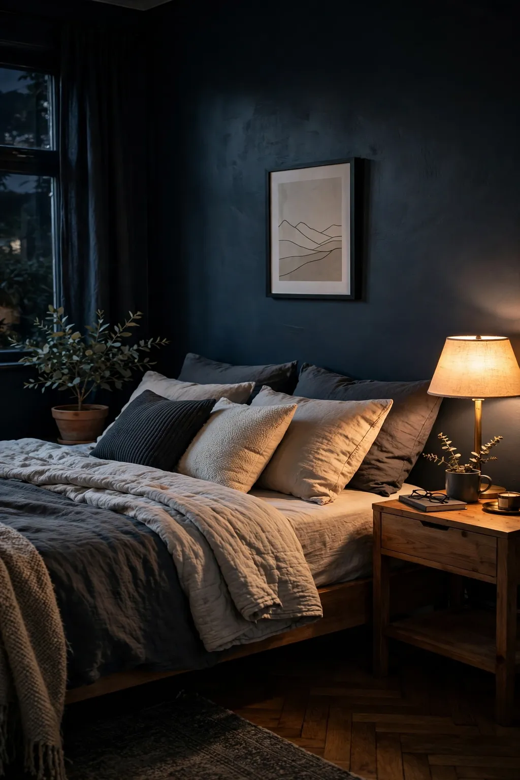 Moody bedroom retreat with charcoal navy blue walls and warm lamplight